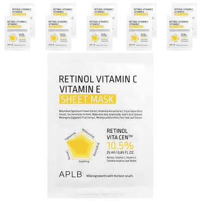 APLB Retinol Vitamin C, Vitamin E тканевая маска для лица, 10 штук, 0.85 fl oz (25 ml) каждая