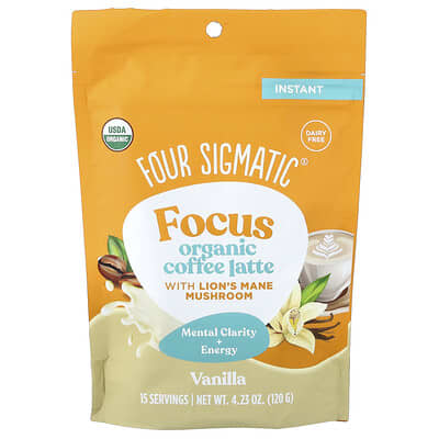 Растворимый кофе латте Focus Organic с грибом Lion's Mane, ваниль, 4.23 oz (120 g)