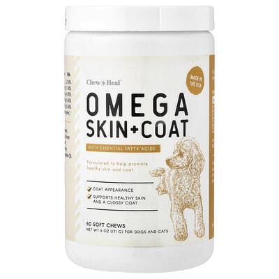 Chew + Heal Omega Skin + Coat для собак и кошек, 60 мягких жевательных таблеток, 6 oz (171 g)