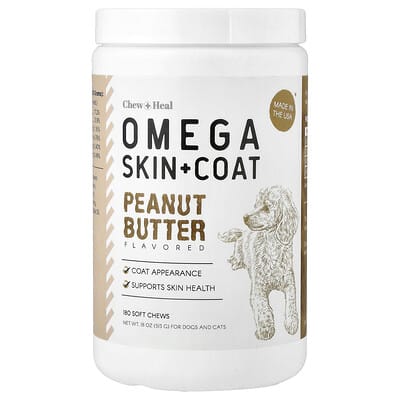 Omega Skin + Coat для собак и кошек, арахисовое масло, 180 мягких жевательных таблеток, 18 oz (513 g)