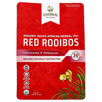 Cederberg Tea Co Organic South African Herbal Tea, Red Rooibos, без кофеина, 30 Tea Bags, 2.6 oz (75 g)