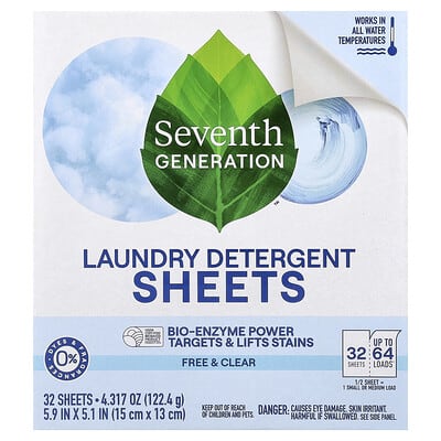 Laundry Detergent Sheets, Free & Clear, 32 Sheets, 4.317 oz (122.4 g)