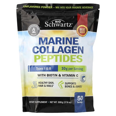 Marine Collagen Peptides Powder, Types I & III, с биотином и витамином C, без вкуса, 17.6 oz (500 g)