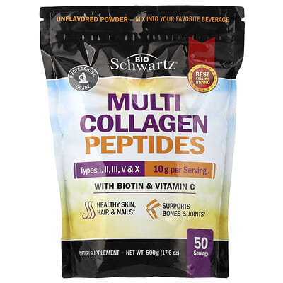 Порошок Multi Collagen Peptides Types I, II, III, V & X, с биотином и витамином C, без вкуса, 17.6 oz (500 g)