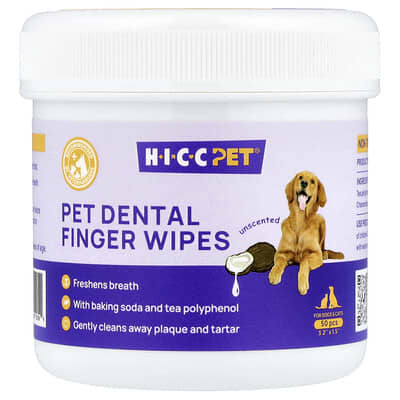 Влажные салфетки для чистки зубов HICC Pet, для собак и кошек, без запаха, 50 шт.