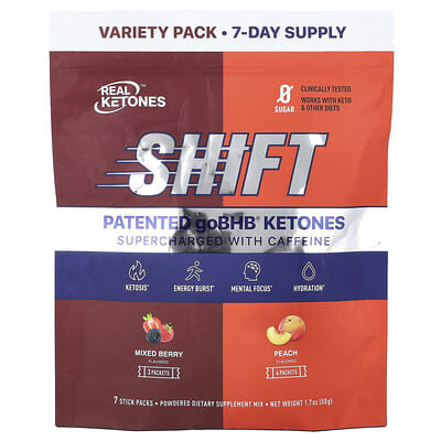 Shift, Supercharged With Caffeine, Variety Pack, Mixed Berry, Peach, 7 Stick Packs, 0.26 oz (7.3 g) Each