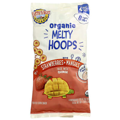 Organic Melty Hoops, Puffed Corn Snack, 8+ Months, Strawberries + Mangoes, 4 Single Serve Packs, 0.32 oz (9 g) Each