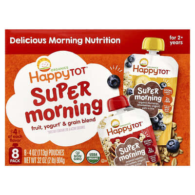 Happy Tot®, Super Morning, For 2+ Years, Fruit, Yogurt & Grain Blend, Variety Pack, 8 Pack, 4 oz (113 g) Each