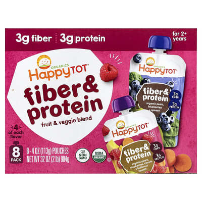 Детское питание Happy Tot®, Fiber & Protein, набор из 8 шт, 4 oz (113 g) каждый