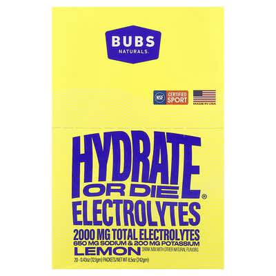 Hydrate or Die®, смесь электролитов, лимон, 20 пакетиков по 0.43 oz (12.1 gm)