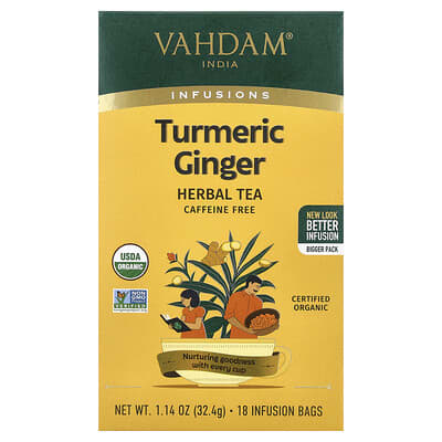 Травяной чай VAHDAM India Infusions Turmeric Ginger Caffeine Free 18 Infusion Bags 1.14 oz (32.4 g)