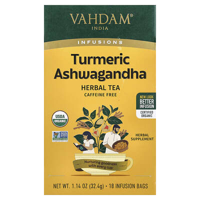 Травяной чай VAHDAM India Turmeric Ashwagandha, без кофеина, 18 пакетиков, 1.14 oz (32.4 g)