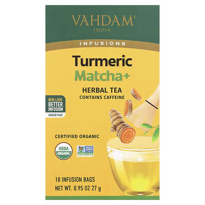 Травяной чай VAHDAM India Infusions, Turmeric Matcha+, 18 Infusion Bags, 0.95 oz (27 g)
