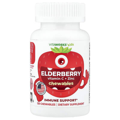 Детские жевательные витамины VitaWorks, Elderberry, Vitamin C + Zinc, Mixed Berry, 120 шт.