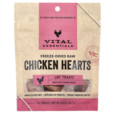 Vital Essentials лакомство для кошек из сушеного сырого мяса, куриные сердца, 0.8 oz
