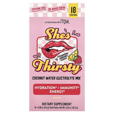 She's Thirsty®, смесь электролитов с кокосовой водой, клубничное лимонад (Box), 18 стиков, 0.3 oz (8.4 g) каждый