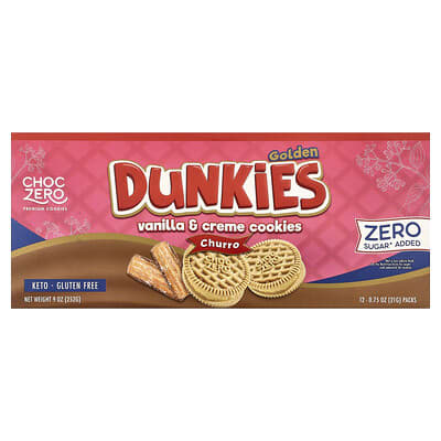 Печенье ChocZero Premium Cookies, Golden Dunkies, Vanilla & Creme, Churro, 12 упаковок, 0.75 oz (21 g) каждая