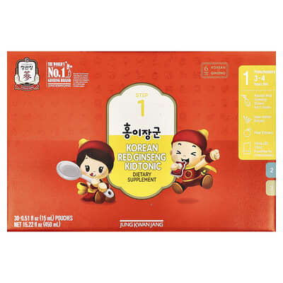 JungKwanJang Тоник с красным женьшенем для детей, шаг 1, 3-4 года, 30 пакетиков, 0.51 fl oz (15 ml)