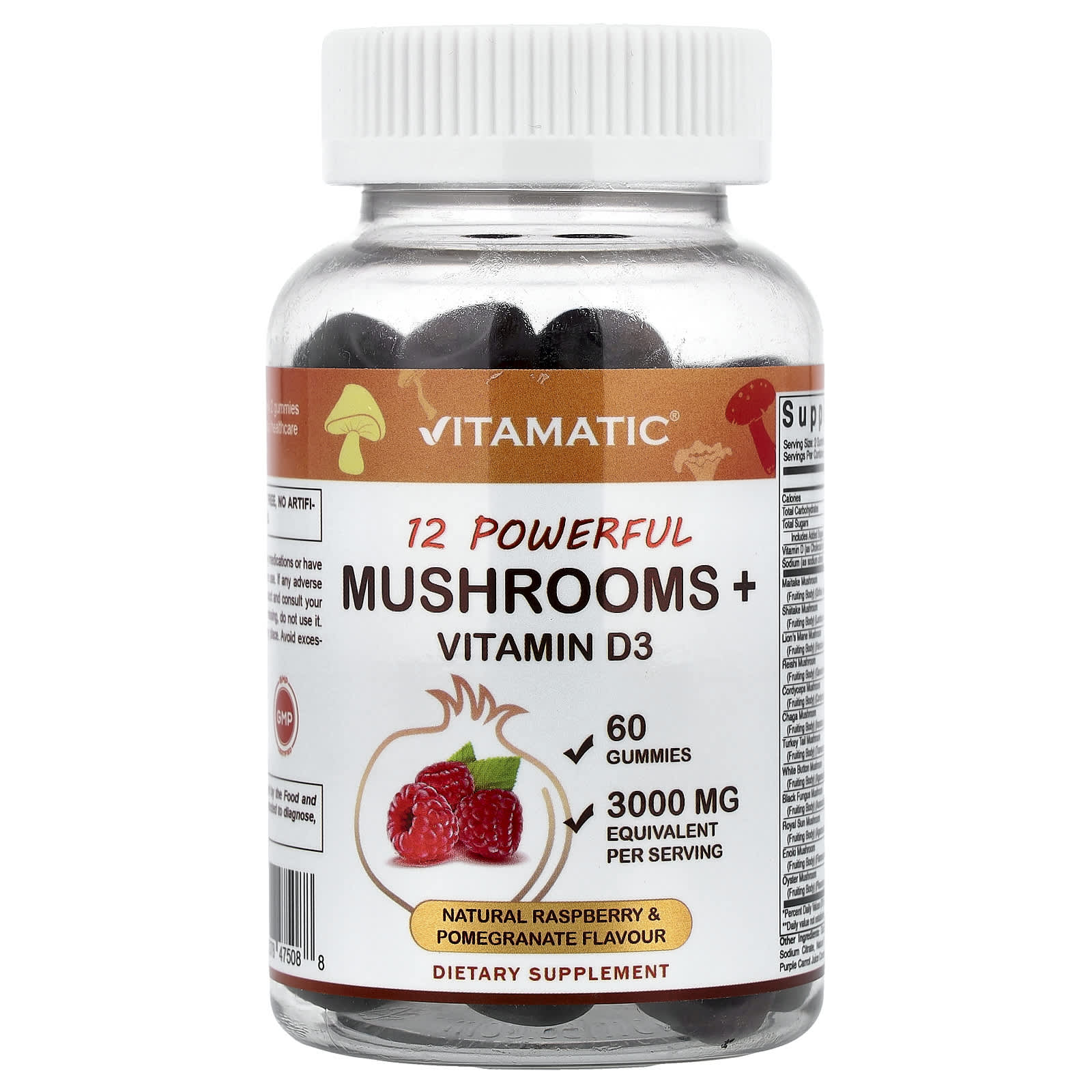 12 Powerful Mushrooms + Vitamin D3, Natural Raspberry & Pomegranate, 60 Gummies
