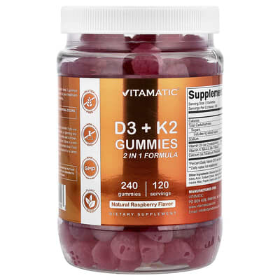 Желейные витамины D3 + K2, Natural Raspberry, 240 Gummies