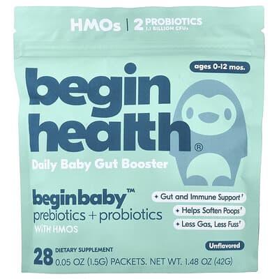 Beginbaby™ Пребиотики + Пробиотики, для детей от 0 до 12 месяцев, без вкуса, 28 пакетиков, 0.05 oz (1.5 g) каждый