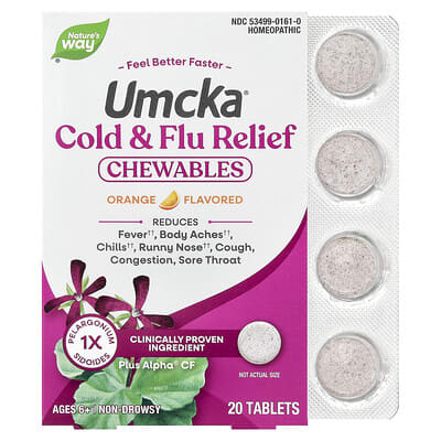 Umcka®, жевательные таблетки от простуды и гриппа, для детей от 6 лет, апельсин, 20 таблеток