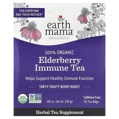 Чай Earth Mama Organics 100% Organic Elderberry Immune Tea, 16 чайных пакетиков, 0.98 oz (28 g)