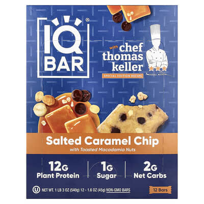 Протеиновый батончик IQBAR, соленая карамель с жареным орехом макадамия, 12 батончиков по 1.6 oz (45 g)