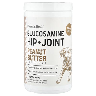 Chew + Heal Glucosamine Hip + Joint для собак, арахисовое масло, 90 мягких жевательных таблеток, 9.52 oz (270 g)