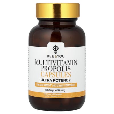 Bee & You Мультивитаминные капсулы с прополисом, имбирем и женьшенем, Ultra Potency, 60 Capsules