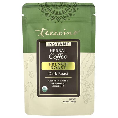 Teeccino Instant Prebiotic Chicory Herbal Coffee Alternative, French Roast, Dark, Caffeine Free, 3.53 oz (100 g) кофе без кофеина