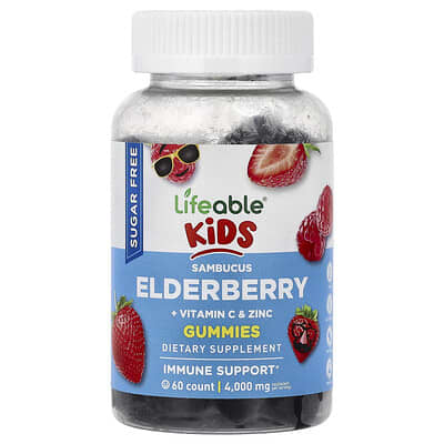 Детские жевательные витамины Lifeable, Sambucus Elderberry + Vitamin C & Zinc, ягоды, 60 штук