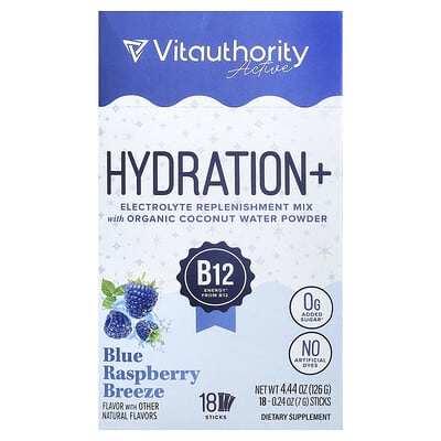 Спортивный напиток Vitauthority Active, Hydration+, Blue Raspberry Breeze, 18 шт.
