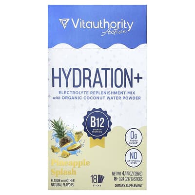 Напиток Vitauthority Active Hydration+, ананасовый, 18 стиков, 0.24 oz (7 g) каждый