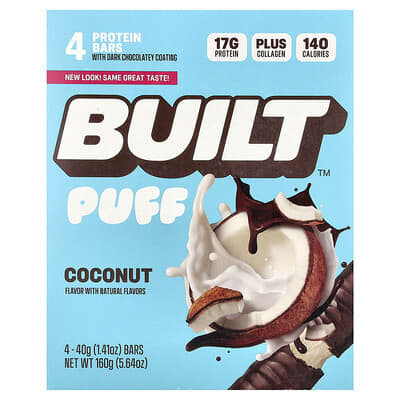 Puff, Protein Bars, Coconut, 4 Bars, 1.41 oz (40 g) Each