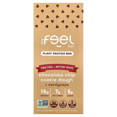Plant Protein Bars, Chocolate Chip Cookie Dough + Cordyceps, 10 Bars, 2 oz (57 g) Each