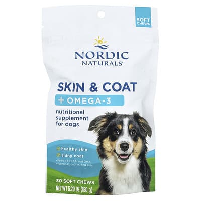 Добавка Skin & Coat + Omega-3 для собак, костный бульон, 30 мягких жевательных таблеток, 5.29 oz (150 g)