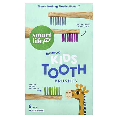Kids Bamboo Toothbrushes, Multi-Colored, 6 Pack