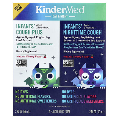 Детский сироп KinderMed® Cough Plus & Nighttime Cough, Natural Cherry, 2 Bottles, 2 fl oz (59 ml) Each