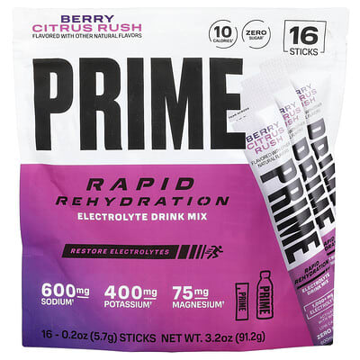 Напиток для быстрого восстановления Prime Hydration, Berry Citrus Rush, 16 стиков, по 0.2 oz (5.7 g) каждый