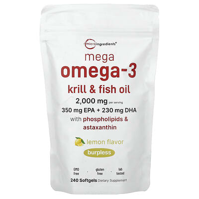 Omega-3 Krill & Fish Oil Micro Ingredients с фосфолипидами и астаксантином, лимон, 240 мягких капсул