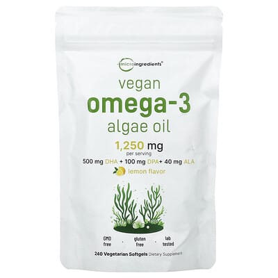 Веганское масло водорослей Omega-3, лимон, 240 вегетарианских мягких капсул