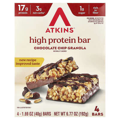 High Protein Bar, Chocolate Chip Granola, 4 Bars, 1.69 oz (48 g) Each