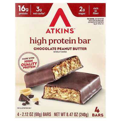 High Protein Bar, Chocolate Peanut Butter, 4 Bars, 2.12 oz (60 g) Each