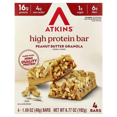 High Protein Bar, Peanut Butter Granola, 4 Bars, 1.69 oz (48 g) Each
