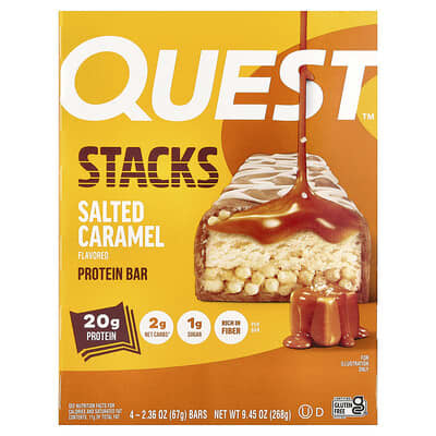 Stacks, Protein Bar, Salted Caramel, 4 Bars, 2.36 oz (67 g) Each