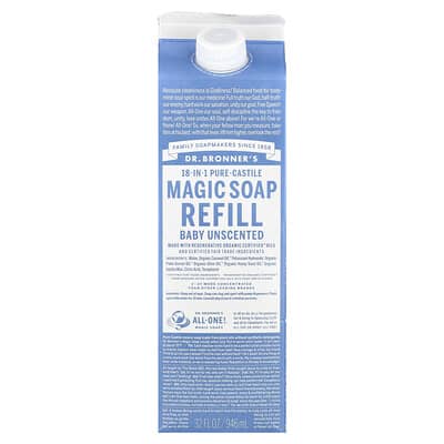 Мыло Dr. Bronner's 18-in-1 Pure-Castile Magic Refill, Unscented, 32 fl oz (946 ml)