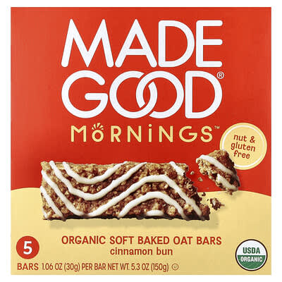 Mornings™, Organic Soft Baked Oat Bars, Cinnamon Bun, 5 Bars, 1.06 oz (30 g) Each