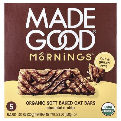 Овсяные батончики Mornings™ Organic Soft Baked Chocolate Chip, 5 Bars