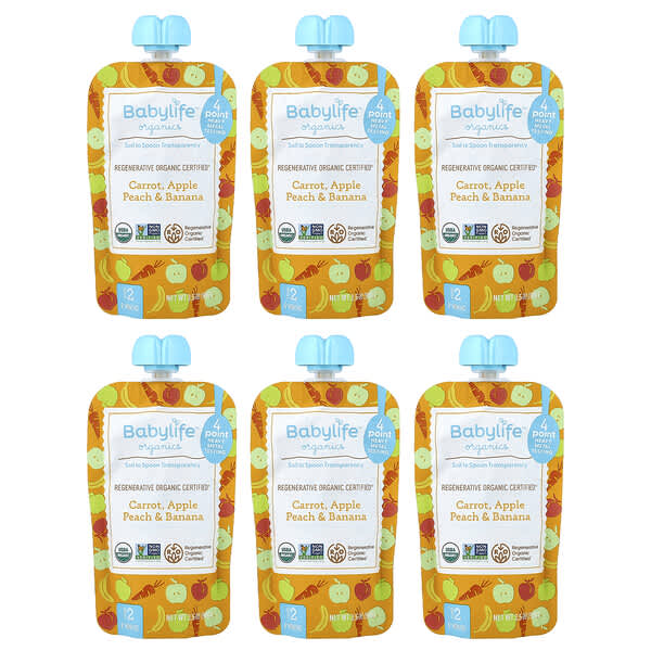 Baby Food, 6+ Months, Carrot, Apple, Peach & Banana, 6 Pouches, 3.5 oz (99 g) Each